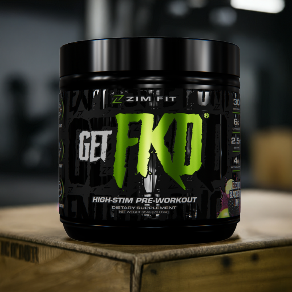 A container of GET FKD High-Stim Pre-Workout supplement, with a black and green label, placed on a wooden surface in a gym setting.