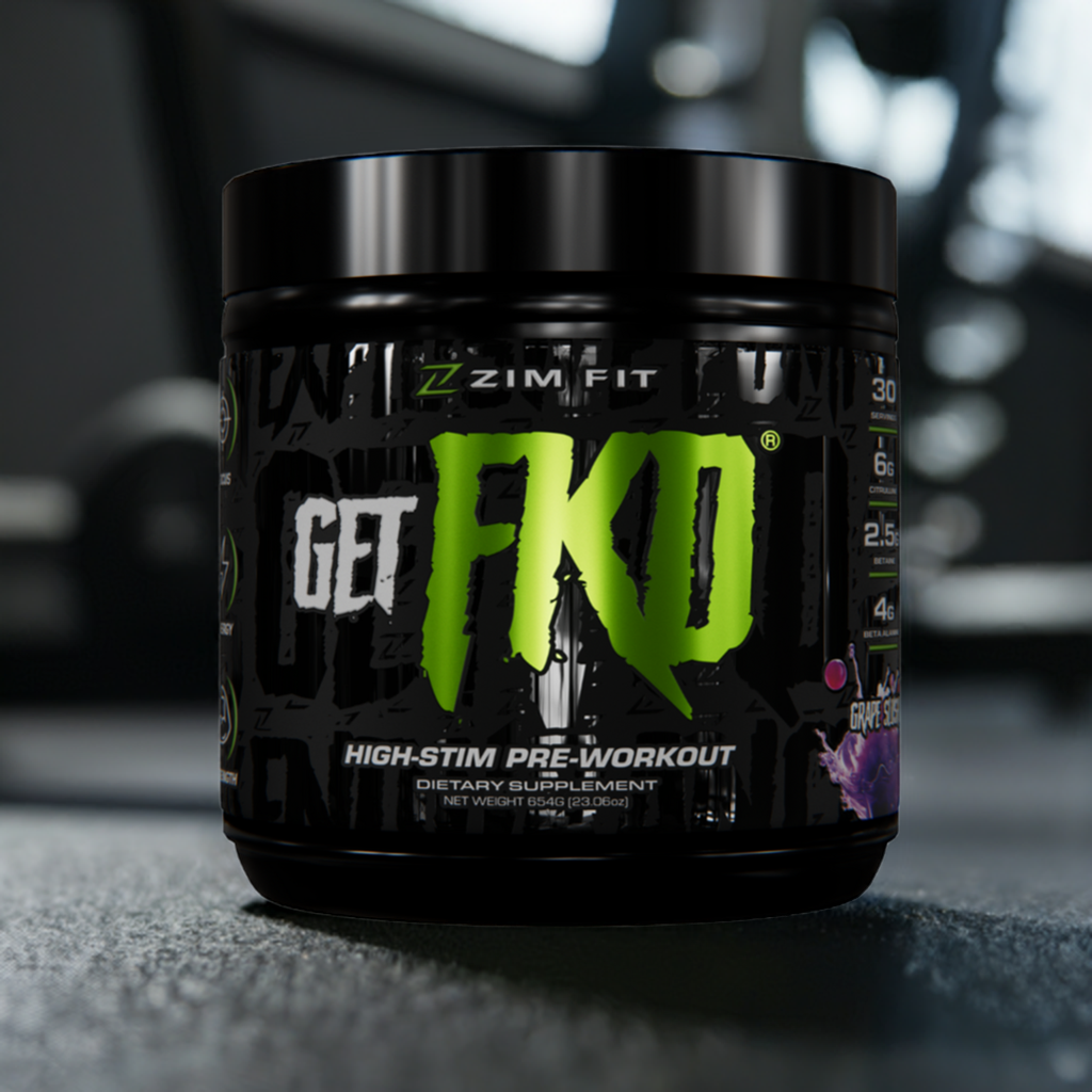 A container of GET FKD High-Stim Pre-Workout supplement, with a black and green label, placed on a surface in a gym setting.