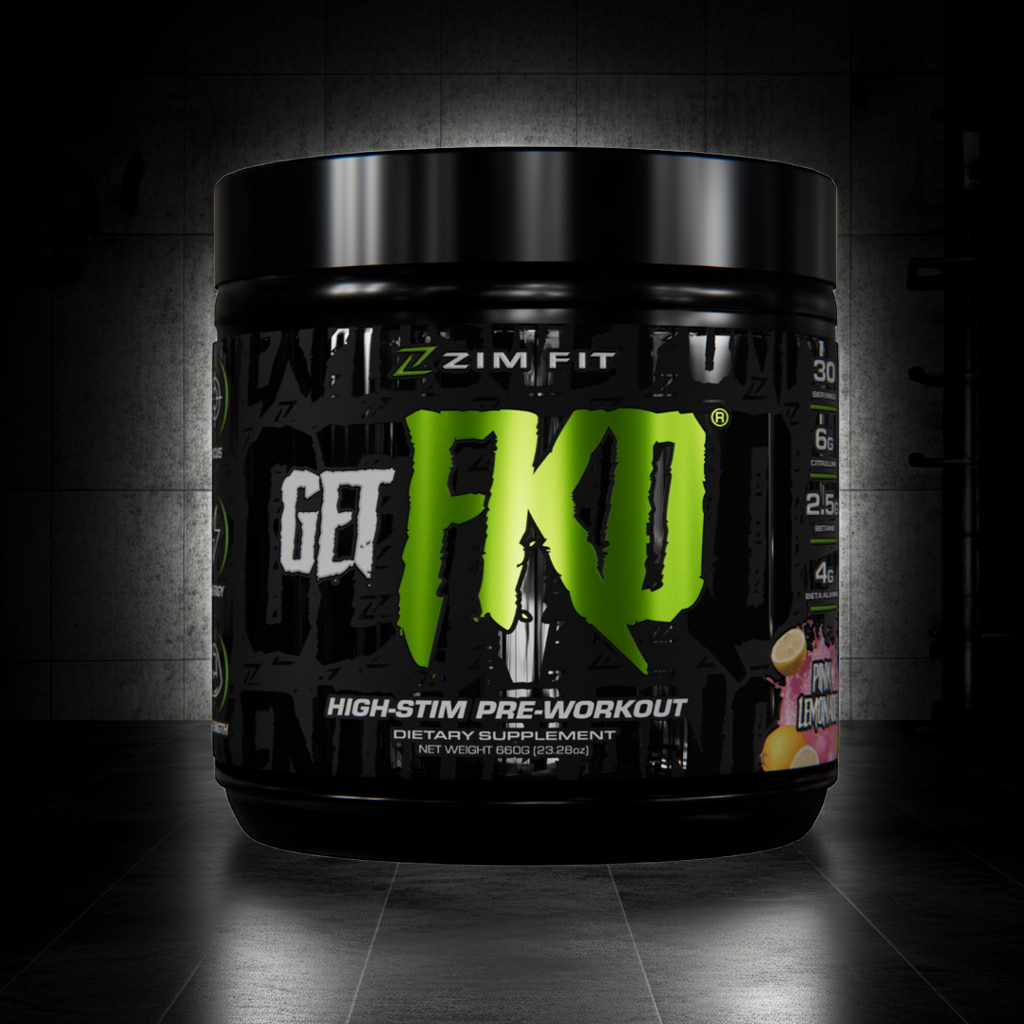 Zim Fit Get FKD pre-workout supplement container on a dark background