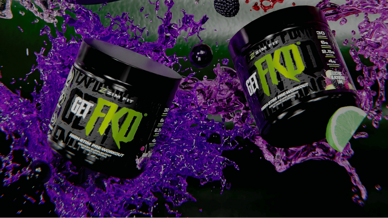 Four containers of a supplement brand with colorful splashes on a dark background