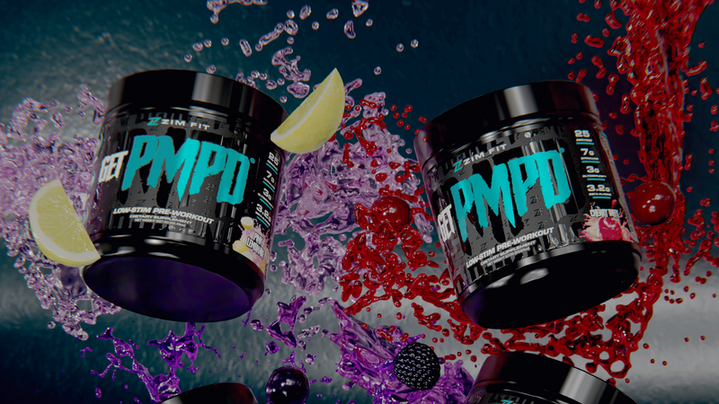 Four containers of PMPD supplement with colorful splashes in the background
