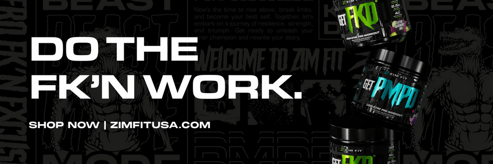 Advertisement for Zimfit supplements with text 'Do the FK\'N Work.' and product display on a black background.
