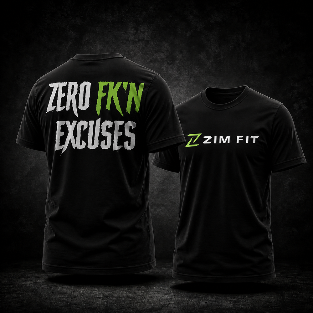 Two black short-sleeve t-shirts shown against a dark textured studio background, displaying the back and front views. The back of the shirt features the text 'ZERO FK'N EXCUSES' in white and green, while the front features the logo 'Z ZIM FIT' in white and green.