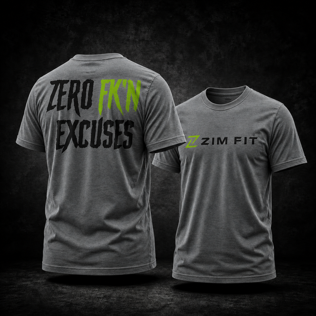 Two views of a dark gray heather t-shirt on a dark textured background. The back view shows the text &