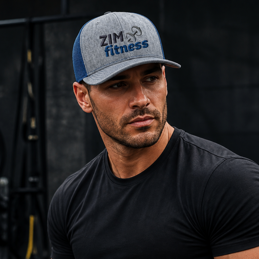 A man in a black athletic t-shirt wearing a gray and navy blue trucker hat with the 'ZIM fitness' logo, set against a dark gym background.