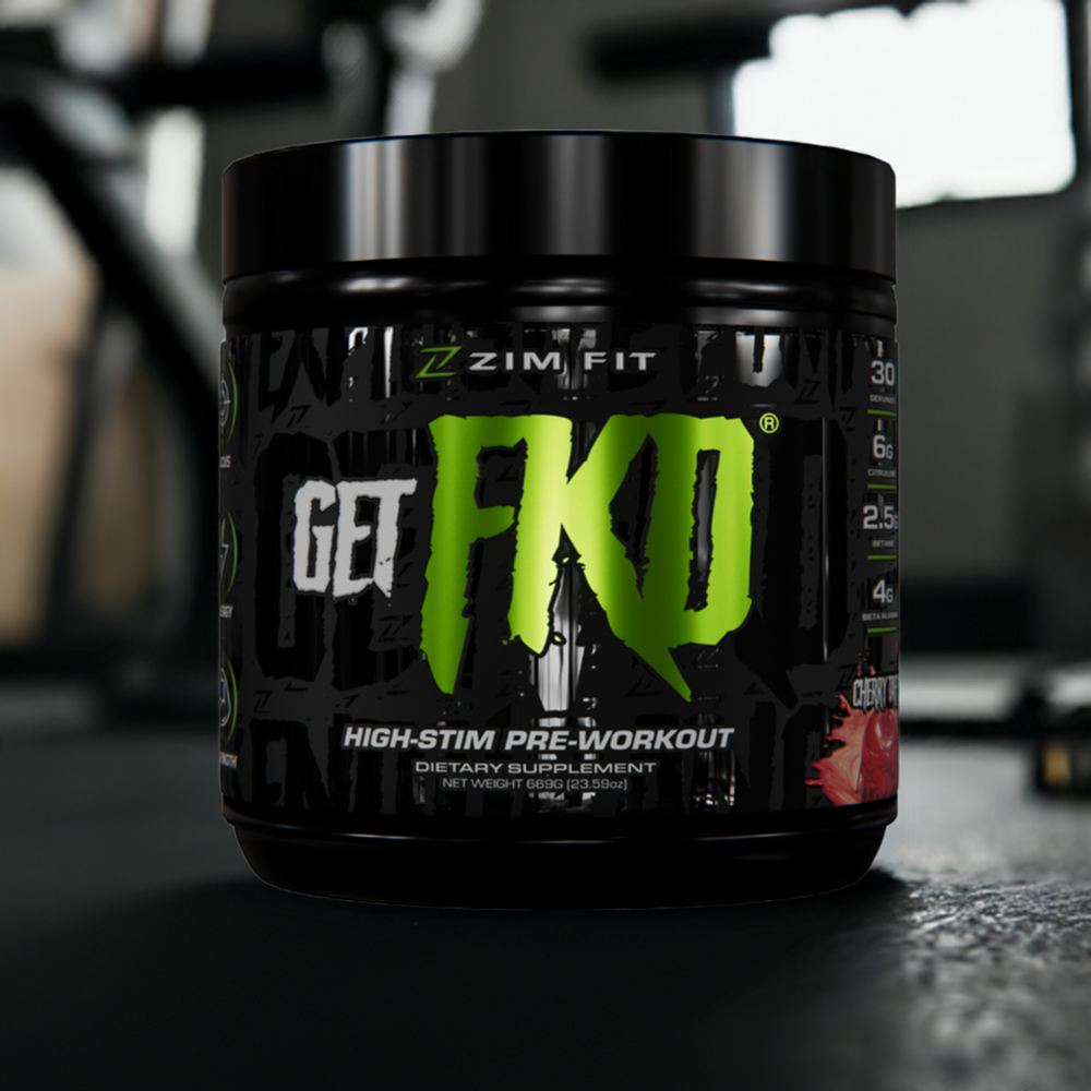A container of GET FKD High-Stim Pre-Workout supplement, with a black and green label, placed on a  surface in a gym setting.
